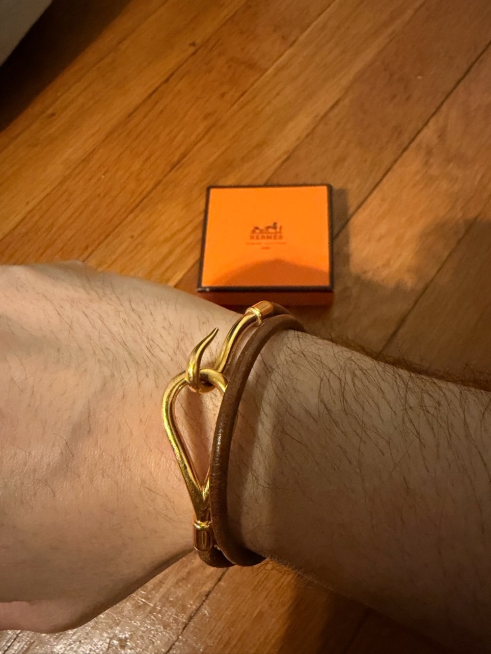 Hermes brown leather double wrap bracelet with gold hook - Picture 2 of 7